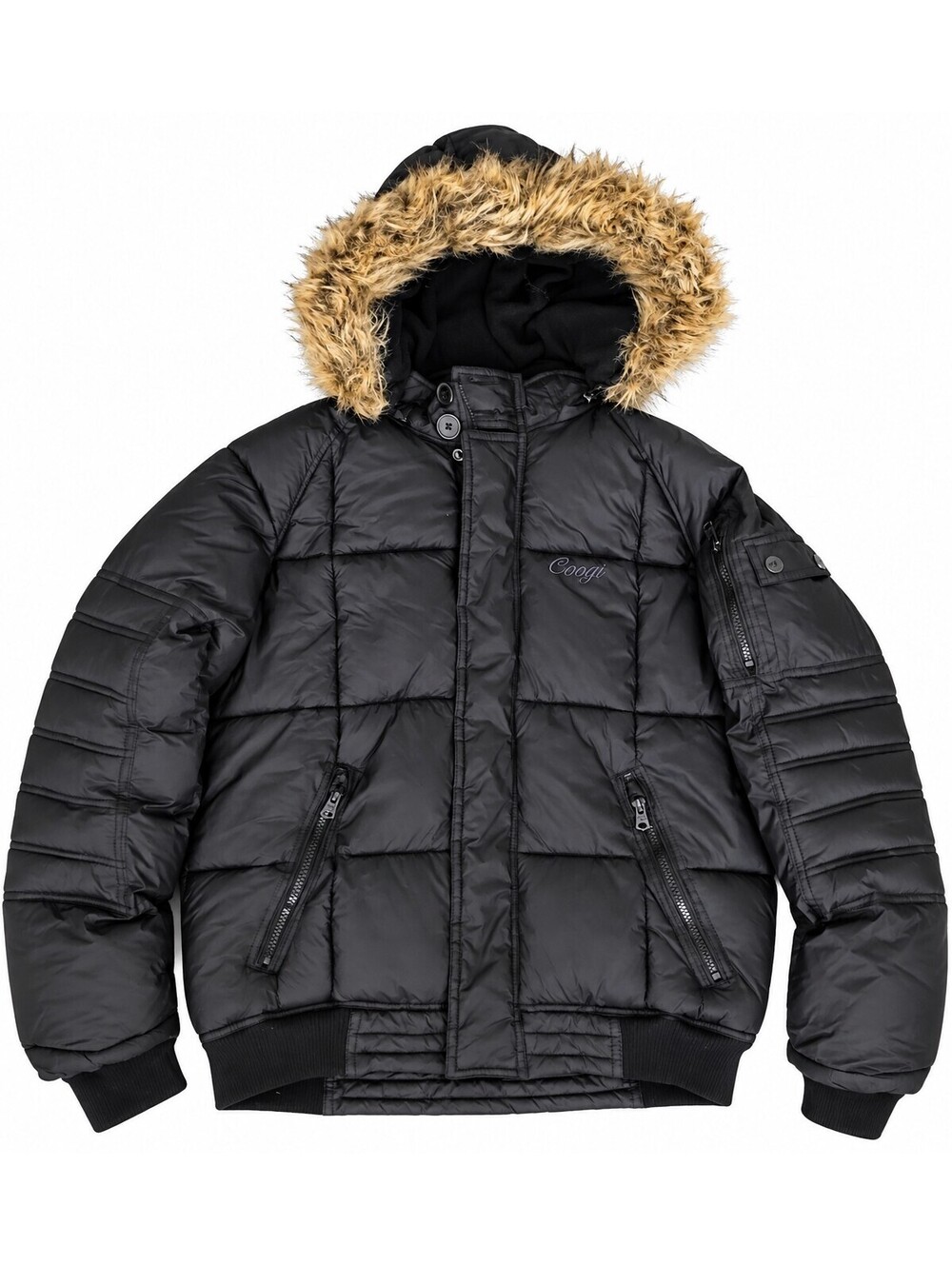 Coogi Kids Black Puffer Bomber Jacket 18/20 XL Faux Fur Hood Winter Coat Unisex